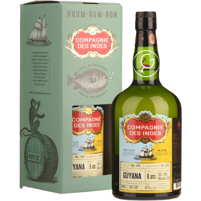 RHUM COMP.DES INDES 8Y GUYANA PORT MORANT 43% CL.70 TUBO